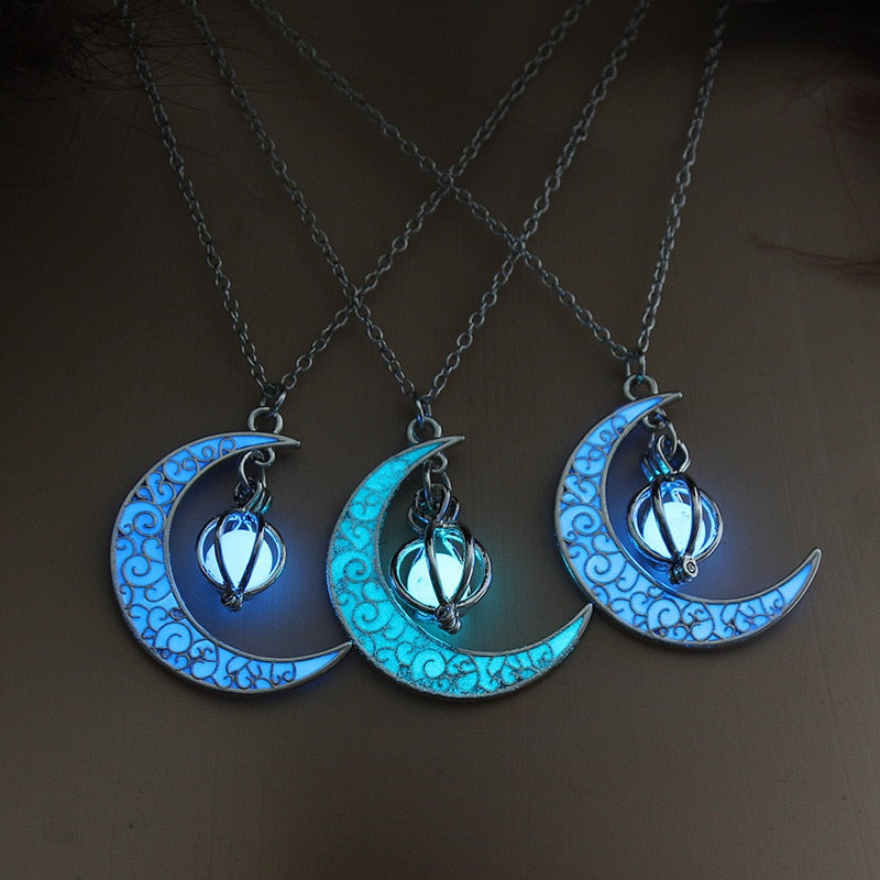 Exquisite and Intricate Glow In the Dark Crescent Moon Necklace