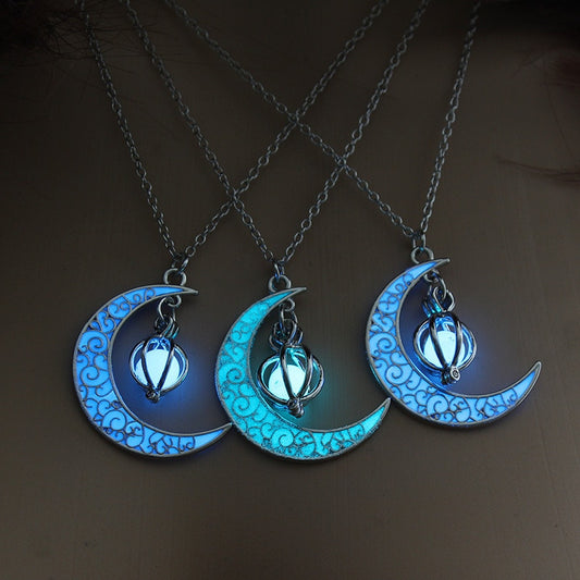 Exquisite and Intricate Glow In the Dark Crescent Moon Necklace