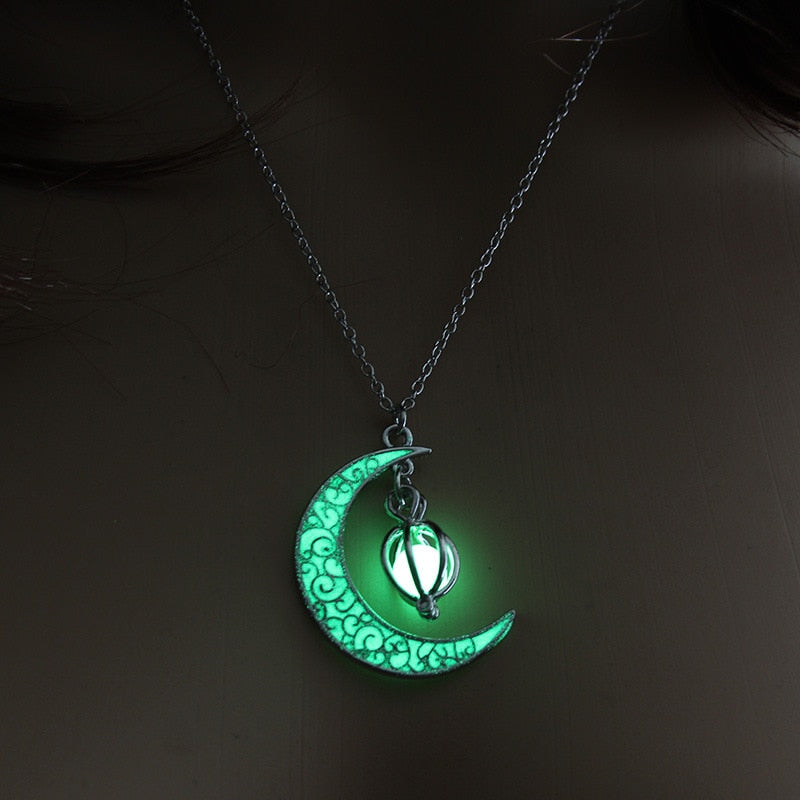 Exquisite and Intricate Glow In the Dark Crescent Moon Necklace