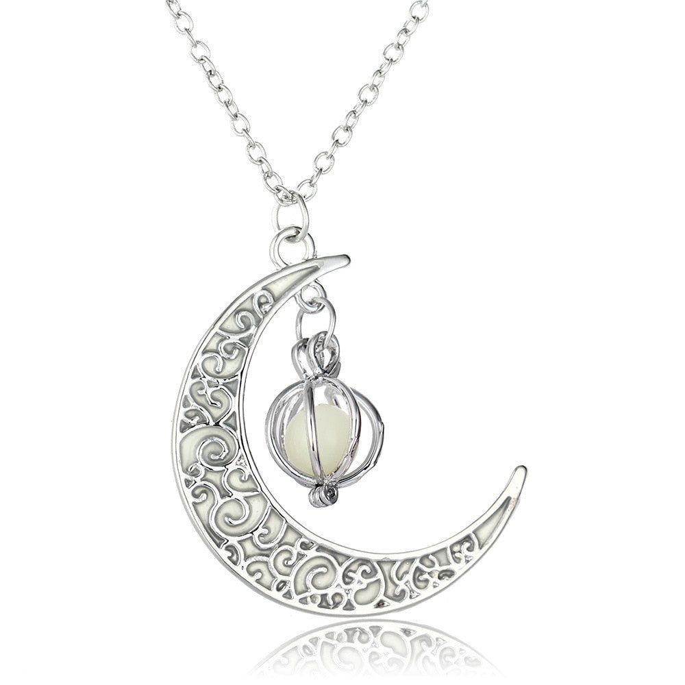 Exquisite and Intricate Glow In the Dark Crescent Moon Necklace