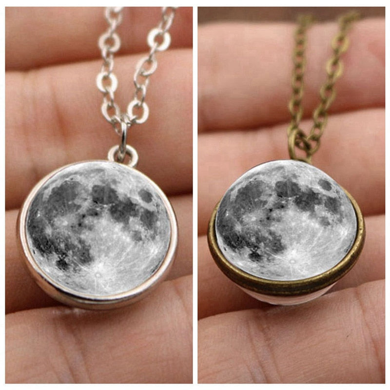 Enchanting Double-sided Grey Full Moon Pendant Necklace