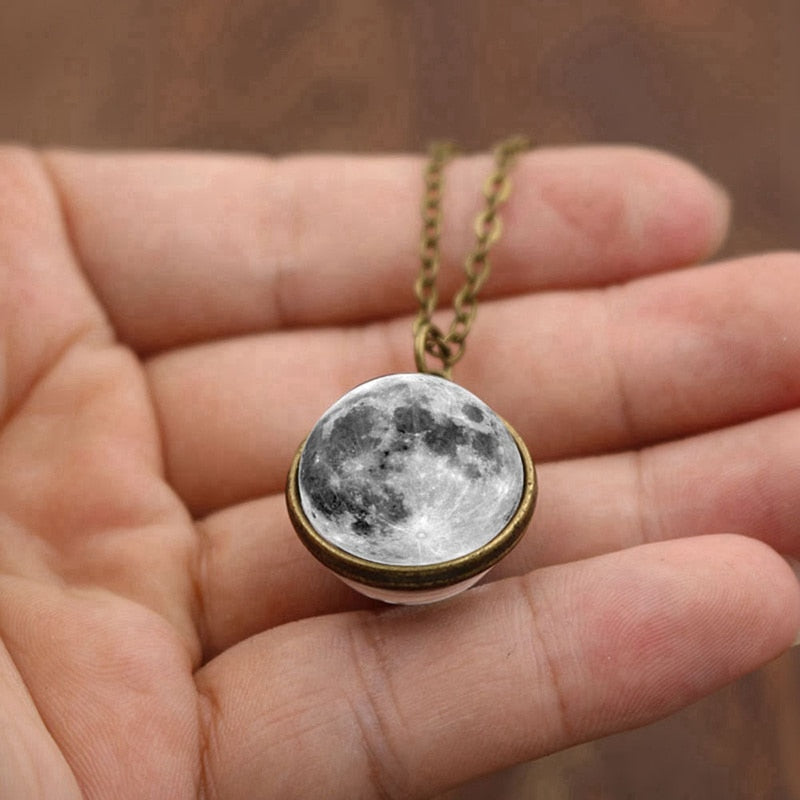 Enchanting Double-sided Grey Full Moon Pendant Necklace