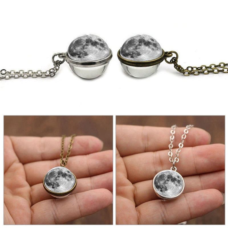 Enchanting Double-sided Grey Full Moon Pendant Necklace