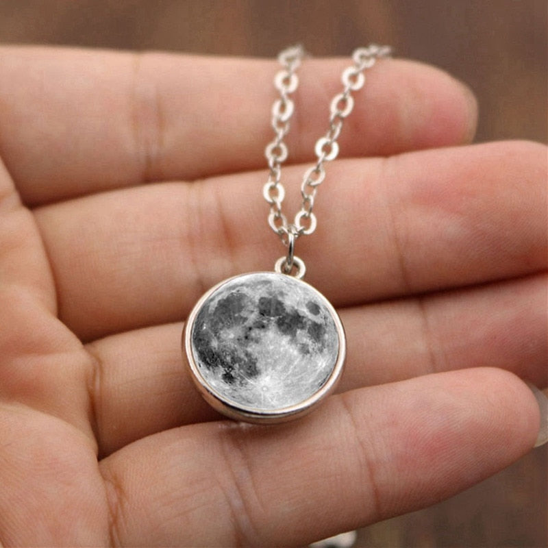 Enchanting Double-sided Grey Full Moon Pendant Necklace