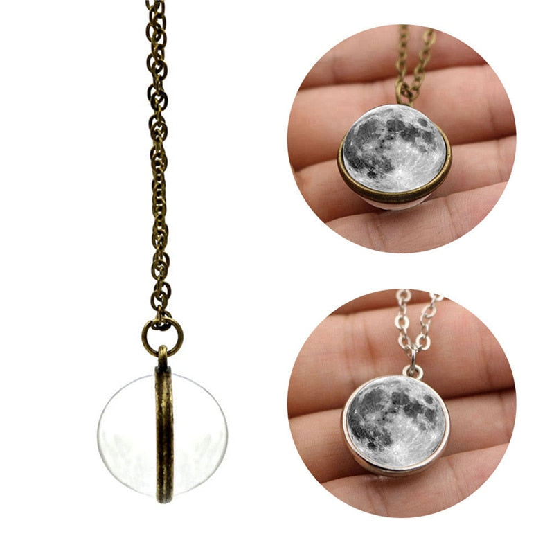 Enchanting Double-sided Grey Full Moon Pendant Necklace