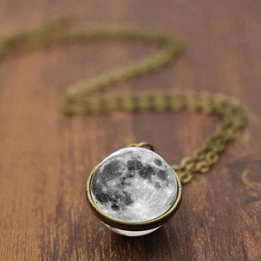 Enchanting Double-sided Grey Full Moon Pendant Necklace