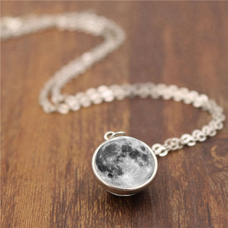 Enchanting Double-sided Grey Full Moon Pendant Necklace