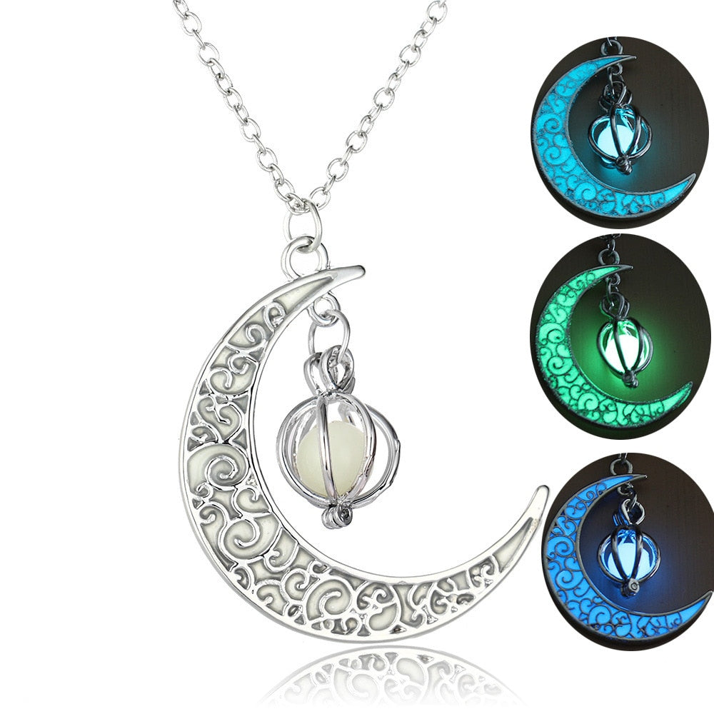 Exquisite and Intricate Glow In the Dark Crescent Moon Necklace
