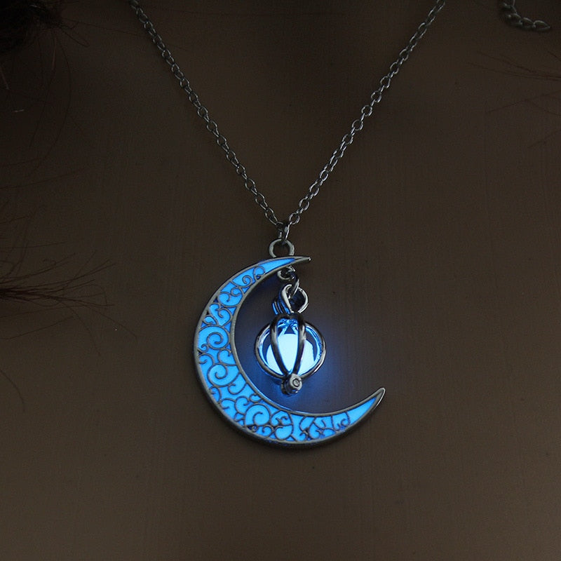 Exquisite and Intricate Glow In the Dark Crescent Moon Necklace