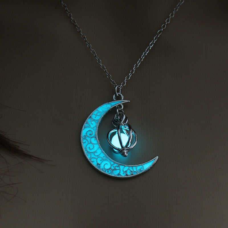 Exquisite and Intricate Glow In the Dark Crescent Moon Necklace