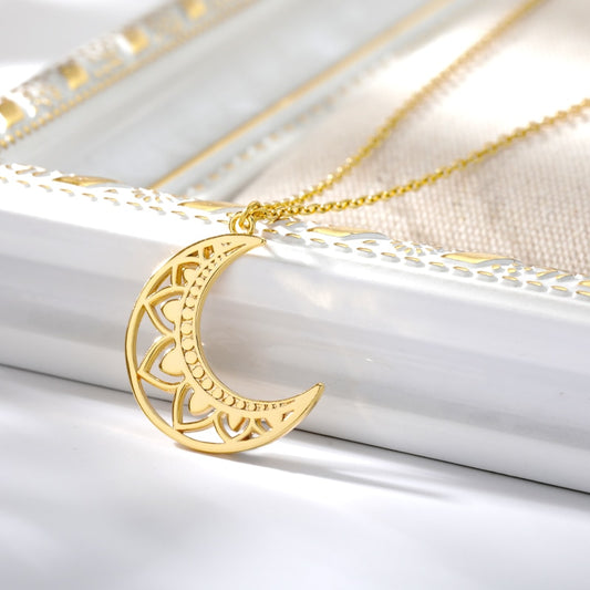 Elegant Bohemia Hollow Moon Necklace With Inlaid Lotus Flower Pattern